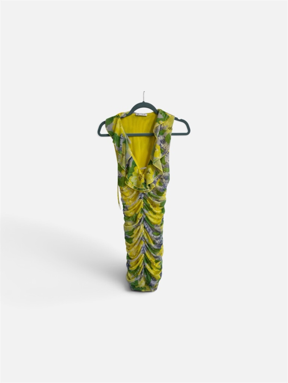 Zara Yellow Green Floral Ruched Maxi Dress